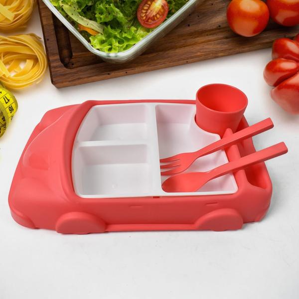Kid's Car Shaped Plates Cup / Lunch Box Dinnerware Set Food Containers Infant Training Dishes Baby Feeding Sets Kids Tableware With Spoon & Fork (4 Pcs Set / 1000 ML Lunch Box)